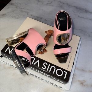 New Versace Pink Patent Leather & Plexiglass Mules